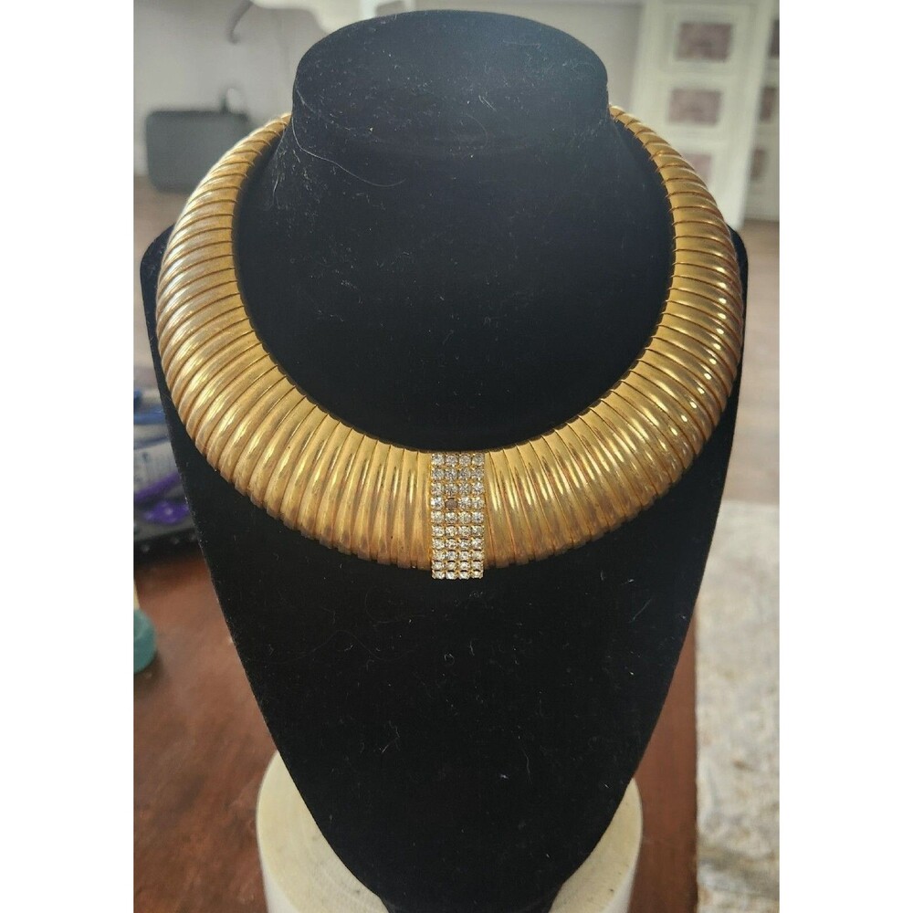 Vintage 80s Gold Tubogas Gaspipe Collar Choker Necklace Rhinestone Box Clasp